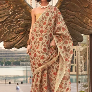 Cream Printed Designer Saree