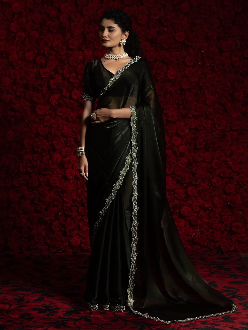 Dark Green Embellished Designer Saree
