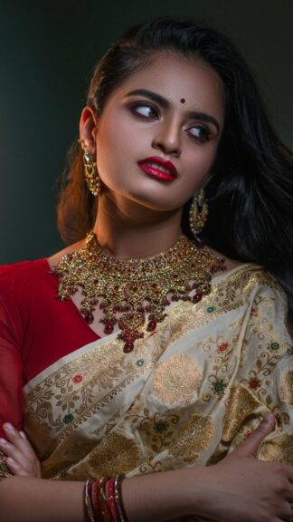 Woman in red and gold silk saree, traditional festive look